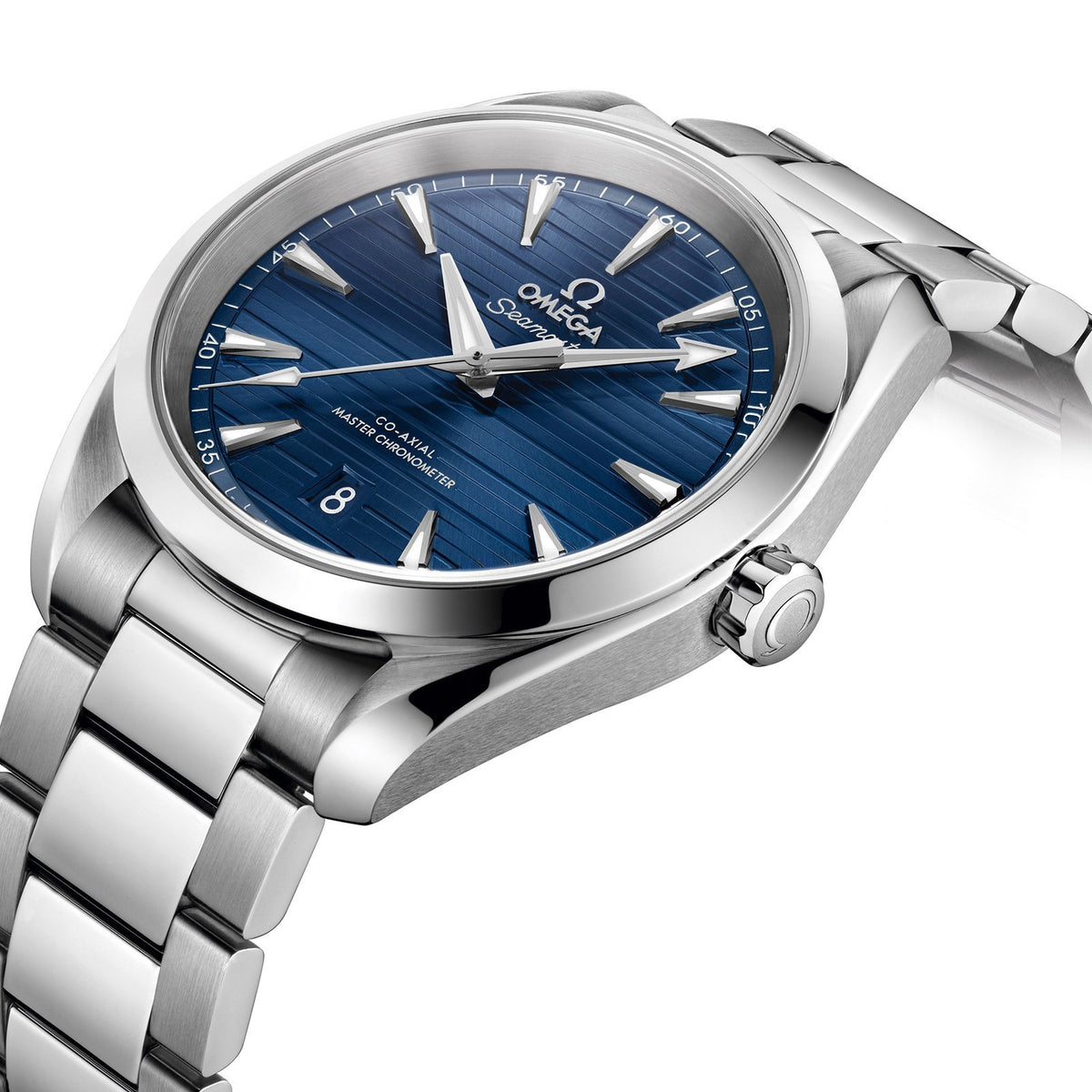 Omega Seamaster Aqua Terra 150m Omega Co-Axial Master Chronometer in a 38mm stainless steel case with blue dial on stainless steel bracelet, featuring a date display and automatic movement.