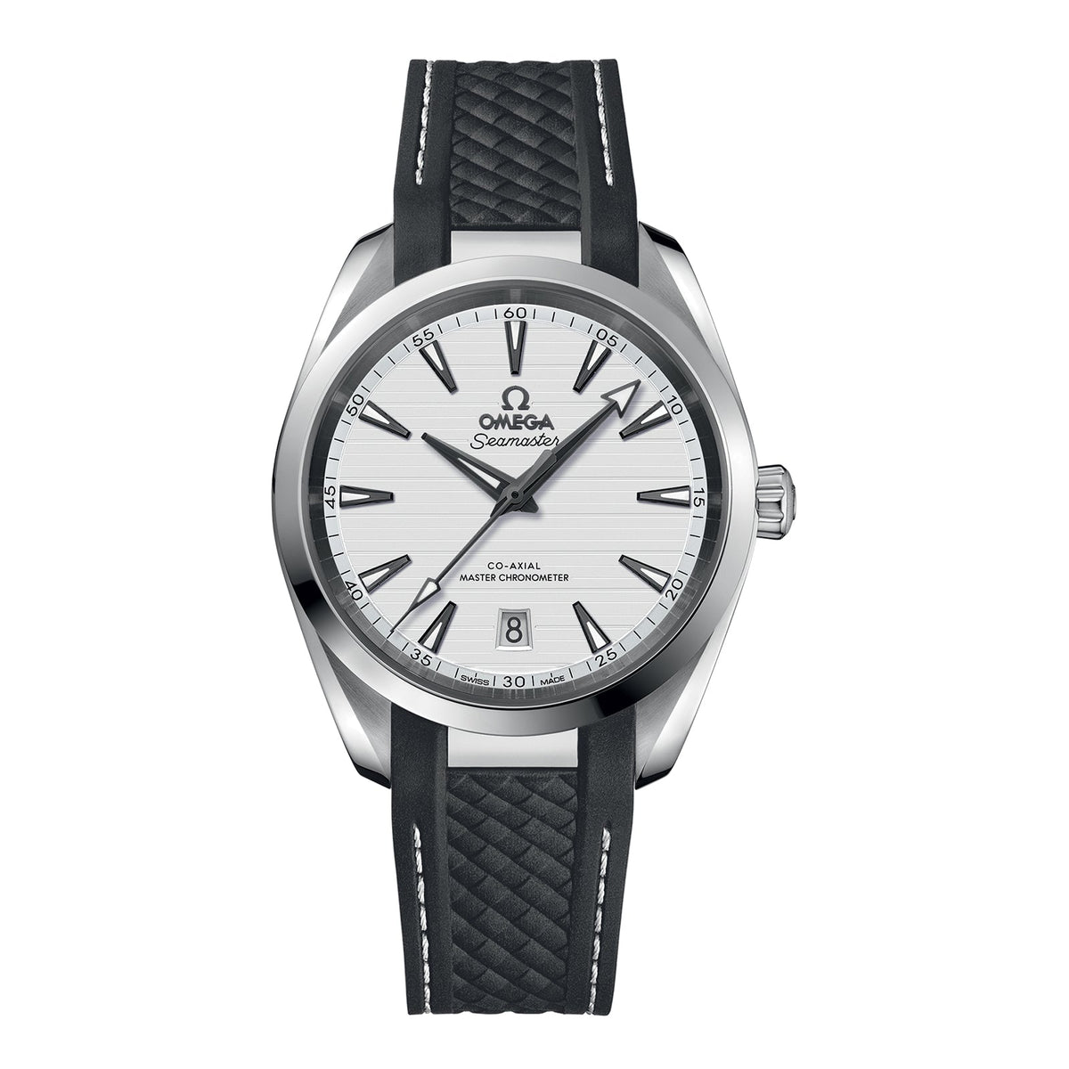 Omega Seamaster Aqua Terra 150m Omega Co-Axial Master Chronometer in a 38mm stainless steel case with silver dial on rubber strap, featuring a date display and automatic movement.
