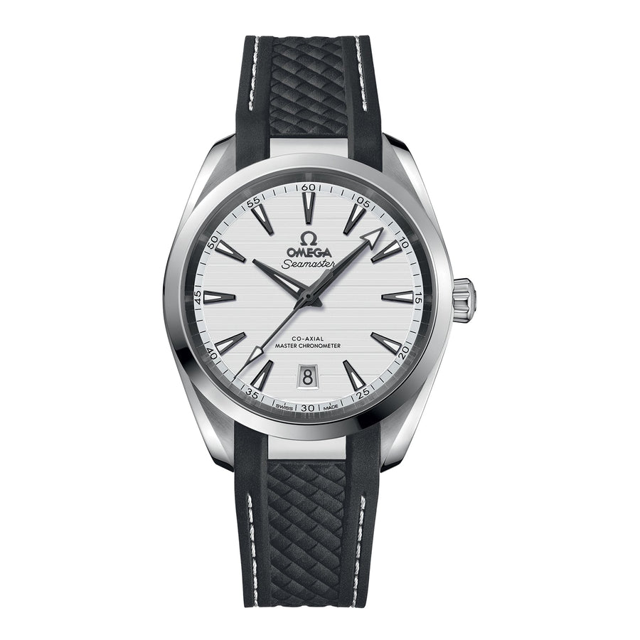 Omega Seamaster Aqua Terra 150m Omega Co-Axial Master Chronometer in a 38mm stainless steel case with silver dial on rubber strap, featuring a date display and automatic movement.