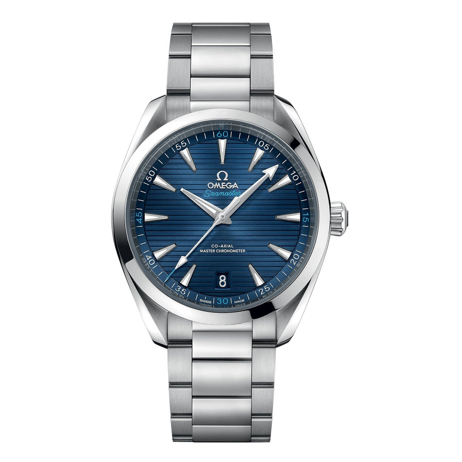 Omega Seamaster Aqua Terra 150m Omega Co-Axial Master Chronometer in a 41mm stainless steel case with blue dial on stainless steel bracelet, featuring a date display and automatic movement.