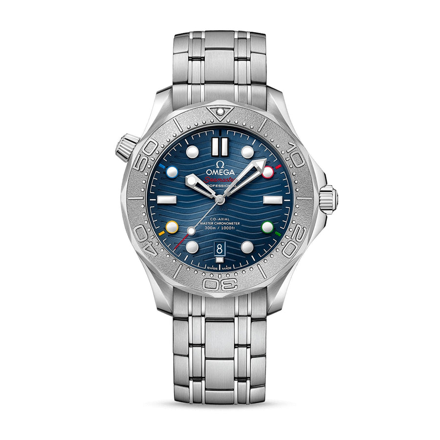 Omega Seamaster Diver 300 Co-Axial Master Chronometer "Beijing Olympics 2022" Special Edition in a 42mm stainless steel/titanium case with blue dial on stainless steel bracelet, featuring a date display and automatic movement.