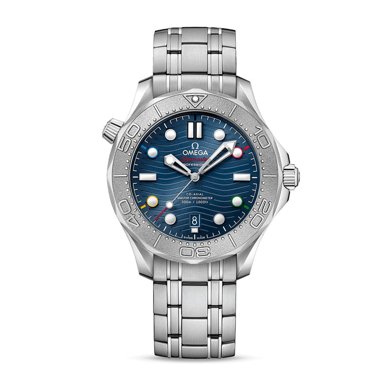 Omega Seamaster Diver 300 42mm - Beijing 2022-Omega Seamaster Diver 300 Co-Axial Master Chronometer "Beijing Olympics 2022" Special Edition in a 42mm stainless steel/titanium case with blue dial on stainless steel bracelet, featuring a date display and automatic movement.