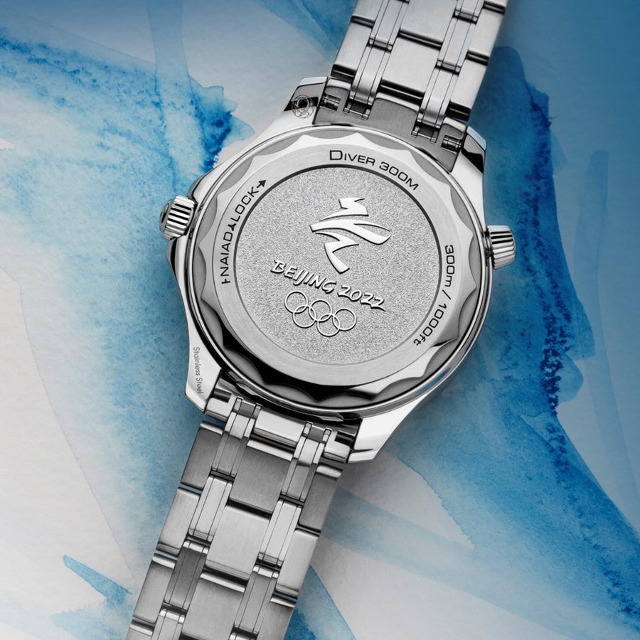 Omega Seamaster Diver 300 Co-Axial Master Chronometer "Beijing Olympics 2022" Special Edition in a 42mm stainless steel/titanium case with blue dial on stainless steel bracelet, featuring a date display and automatic movement.