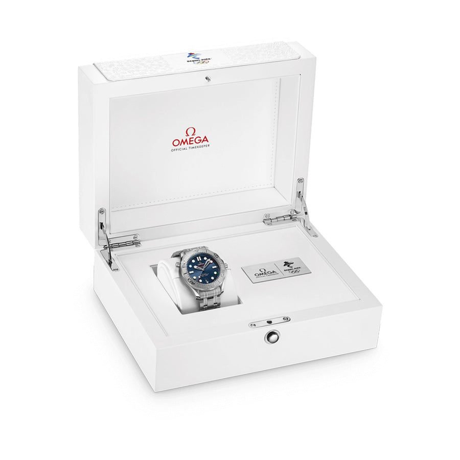 Omega Seamaster Diver 300 Co-Axial Master Chronometer "Beijing Olympics 2022" Special Edition in a 42mm stainless steel/titanium case with blue dial on stainless steel bracelet, featuring a date display and automatic movement.