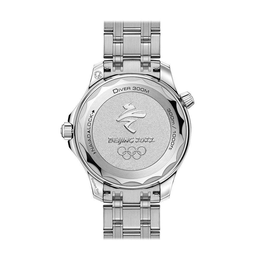 Omega Seamaster Diver 300 Co-Axial Master Chronometer "Beijing Olympics 2022" Special Edition in a 42mm stainless steel/titanium case with blue dial on stainless steel bracelet, featuring a date display and automatic movement.