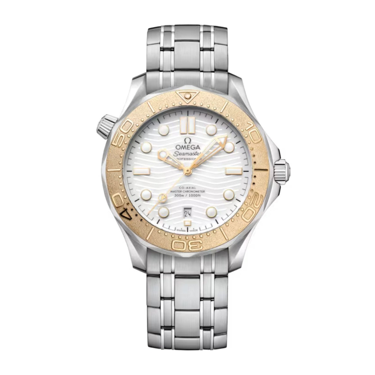 Omega Seamaster Diver 300m - 522.21.42.20.04.001 - Omega Seamaster Diver 300m Olympic Games Paris 2024 in 42mm stainless steel/18k Moonshine Gold bezel case with white ceramic dial on stainless steel bracelet, featuring a date display and automatic movement.