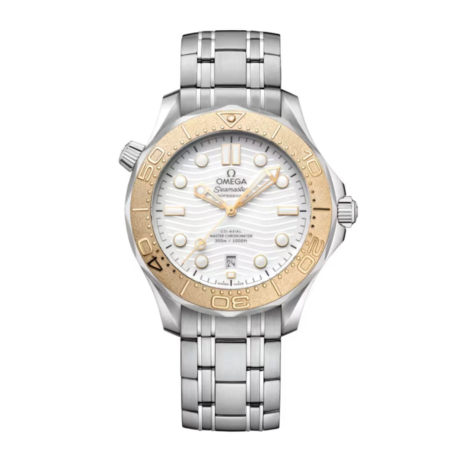 Omega Seamaster Diver 300m - 522.21.42.20.04.001 - Omega Seamaster Diver 300m Olympic Games Paris 2024 in 42mm stainless steel/18k Moonshine Gold bezel case with white ceramic dial on stainless steel bracelet, featuring a date display and automatic movement.