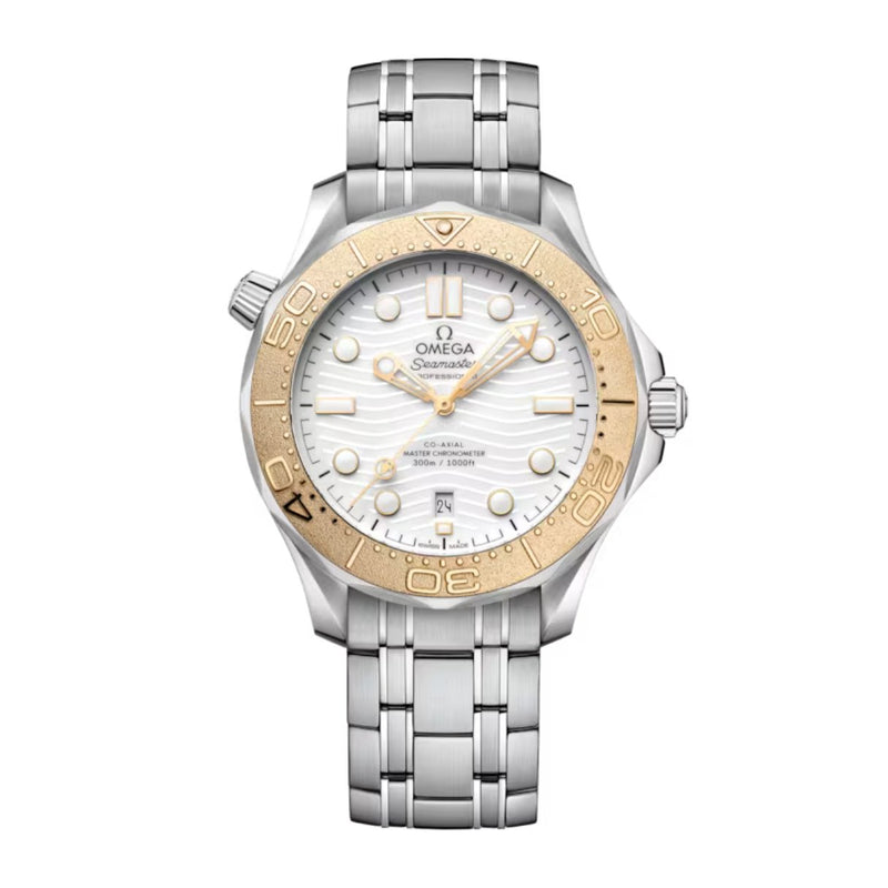 Omega Seamaster Diver 300 42mm - Paris 2024-Omega Seamaster Diver 300m - 522.21.42.20.04.001 - Omega Seamaster Diver 300m Olympic Games Paris 2024 in 42mm stainless steel/18k Moonshine Gold bezel case with white ceramic dial on stainless steel bracelet, featuring a date display and automatic movement.