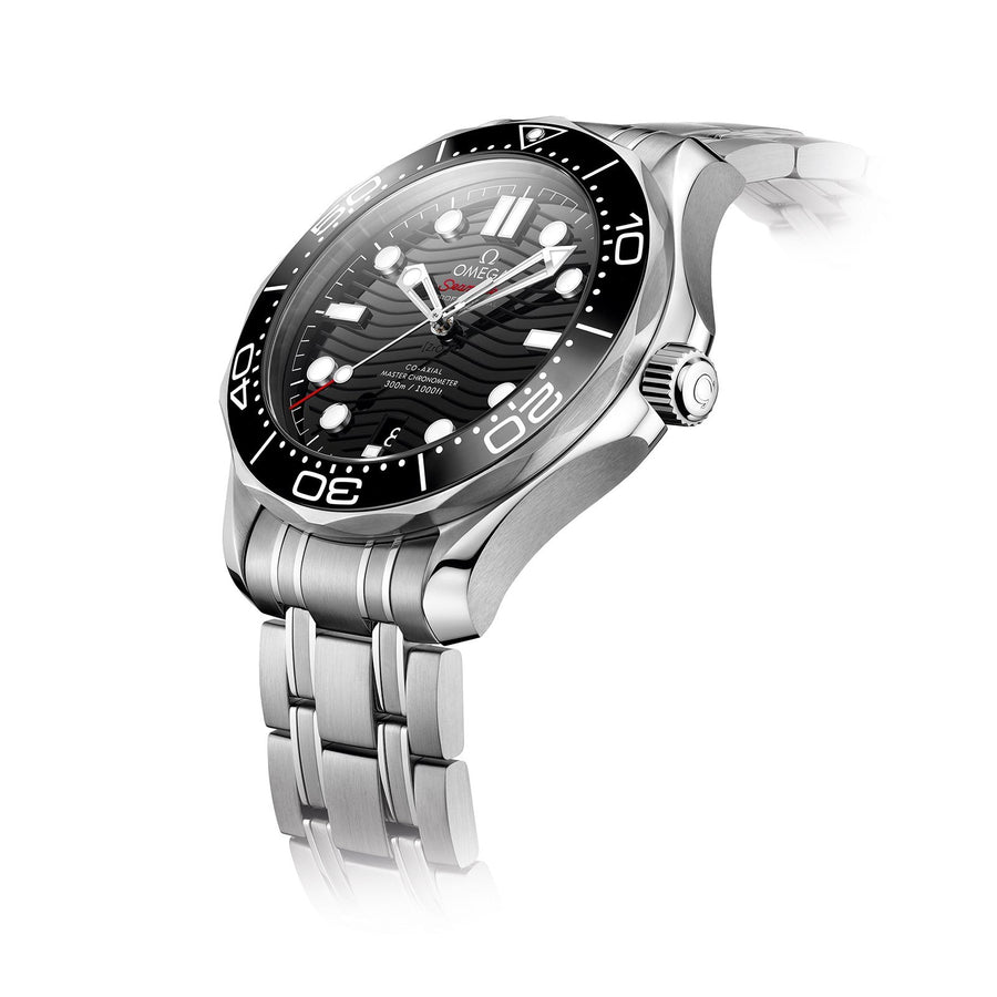 Omega Seamaster Diver 300M Co-Axial Master Chronometer in a 42mm stainless steel case with black dial on stainless steel bracelet, featuring a date display and automatic movement.
