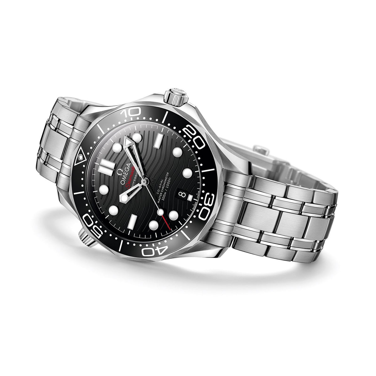 Omega Seamaster Diver 300M Co-Axial Master Chronometer in a 42mm stainless steel case with black dial on stainless steel bracelet, featuring a date display and automatic movement.