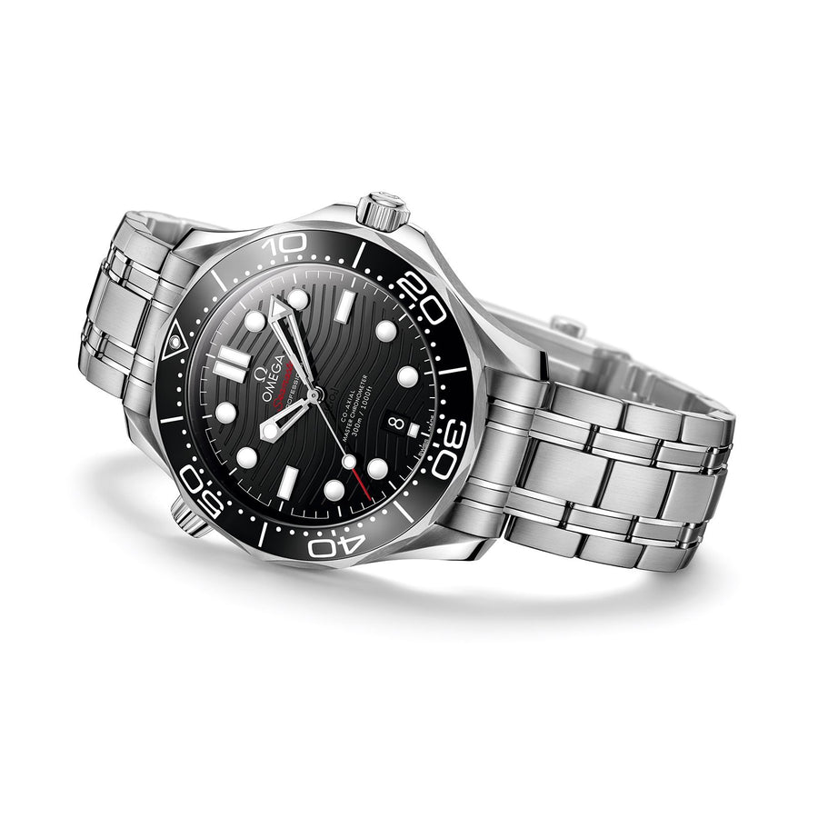 Omega Seamaster Diver 300M Co-Axial Master Chronometer in a 42mm stainless steel case with black dial on stainless steel bracelet, featuring a date display and automatic movement.