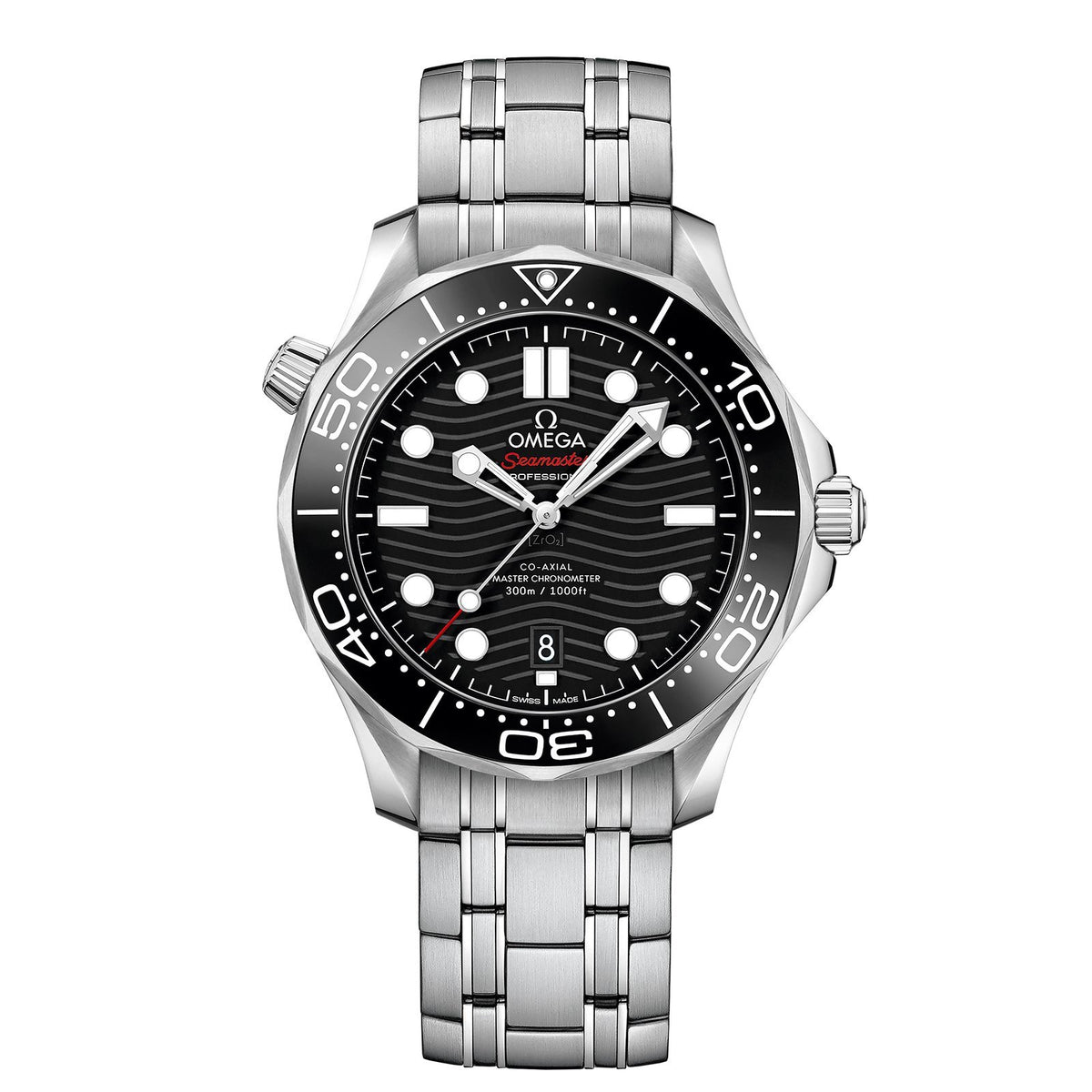 Omega Seamaster Diver 300M Co-Axial Master Chronometer in a 42mm stainless steel case with black dial on stainless steel bracelet, featuring a date display and automatic movement.