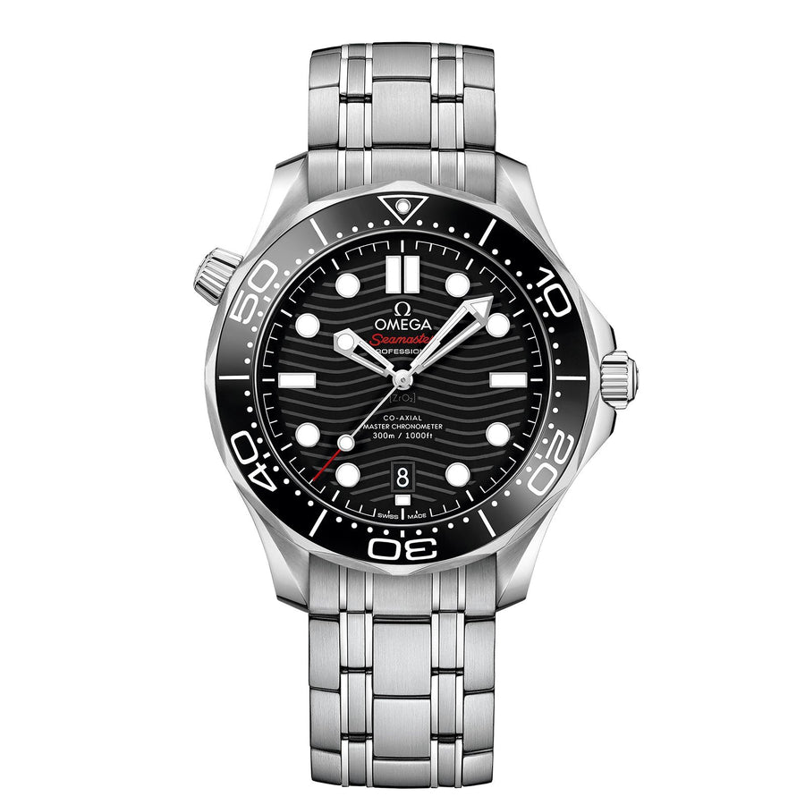 Omega Seamaster Diver 300M Co-Axial Master Chronometer in a 42mm stainless steel case with black dial on stainless steel bracelet, featuring a date display and automatic movement.