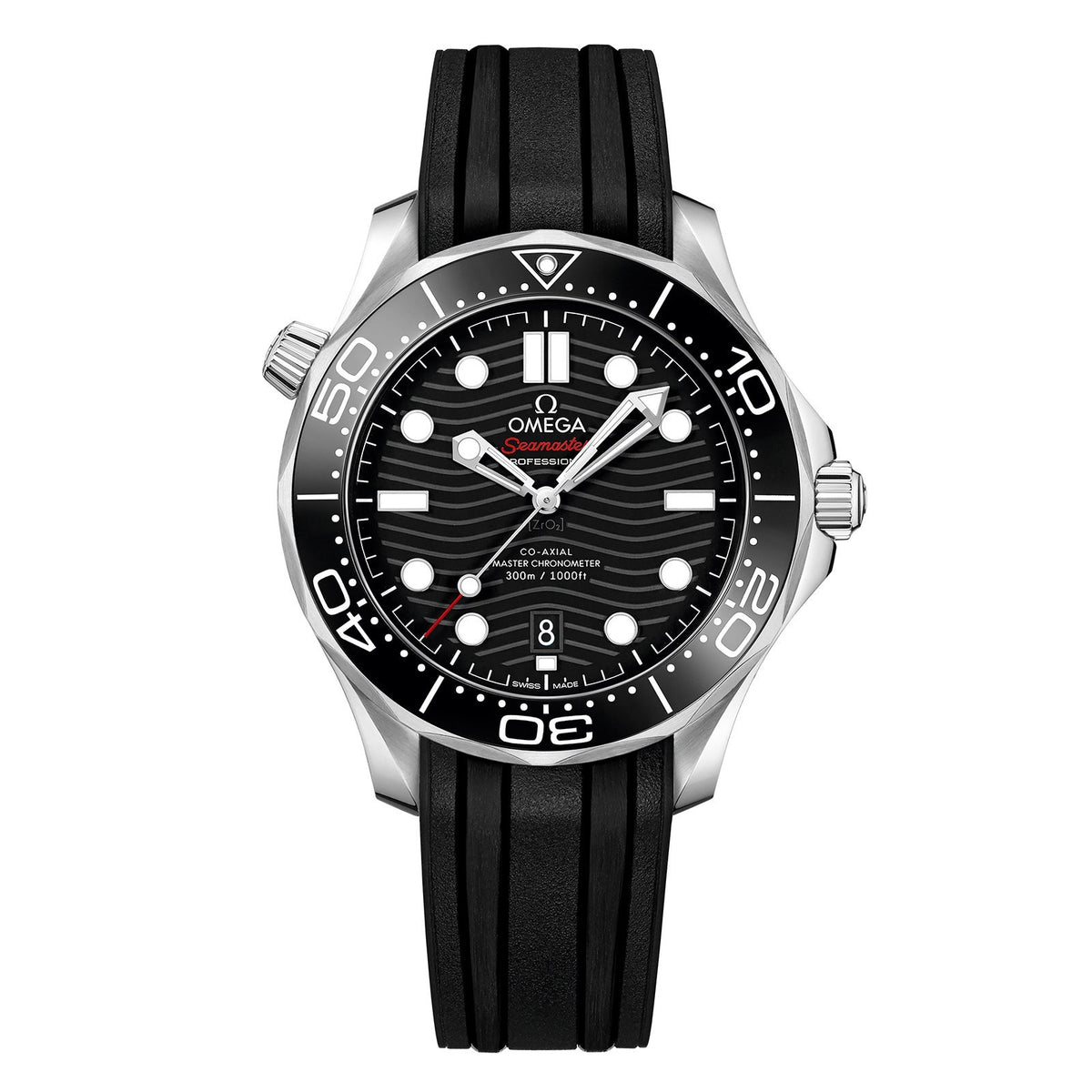 Omega Seamaster Diver 300M Co-Axial Master Chronometer in a 42 mm stainless steel case with black dial on black rubber strap, featuring a date display and automatic movement.