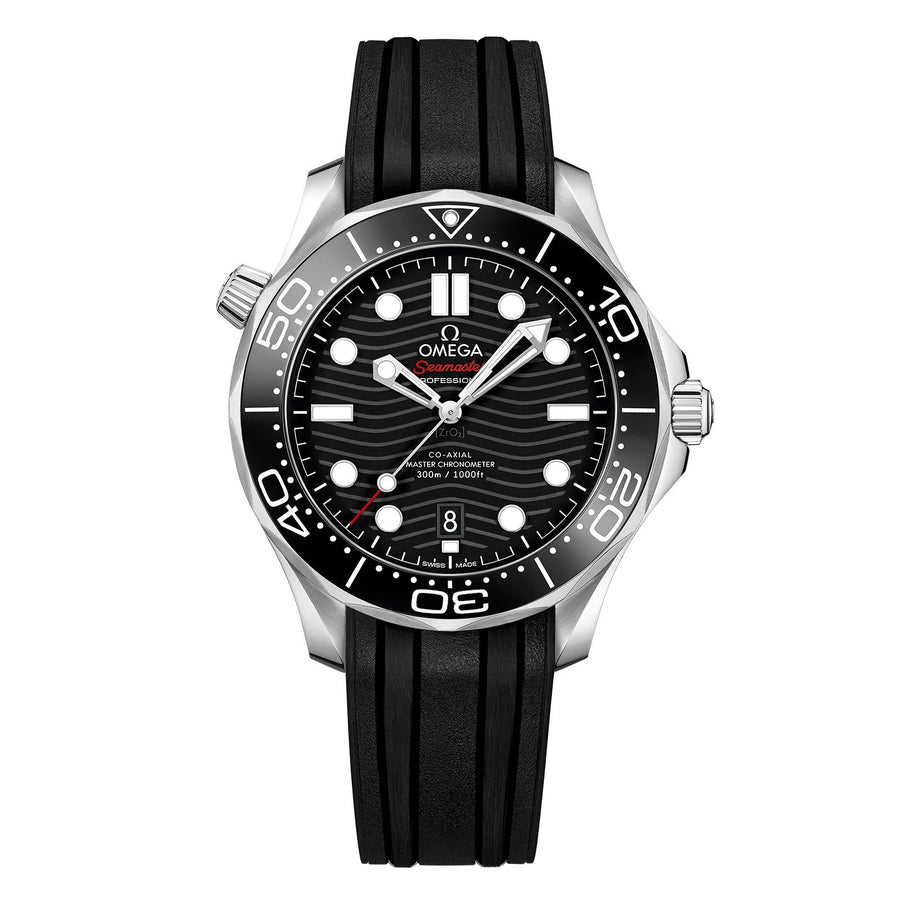 Omega Seamaster Diver 300M Co-Axial Master Chronometer in a 42 mm stainless steel case with black dial on black rubber strap, featuring a date display and automatic movement.