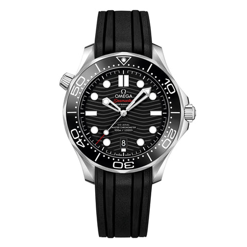 Omega Seamaster Diver 300M Co-Axial Master Chronometer 42mm-Omega Seamaster Diver 300M Co-Axial Master Chronometer in a 42 mm stainless steel case with black dial on black rubber strap, featuring a date display and automatic movement.