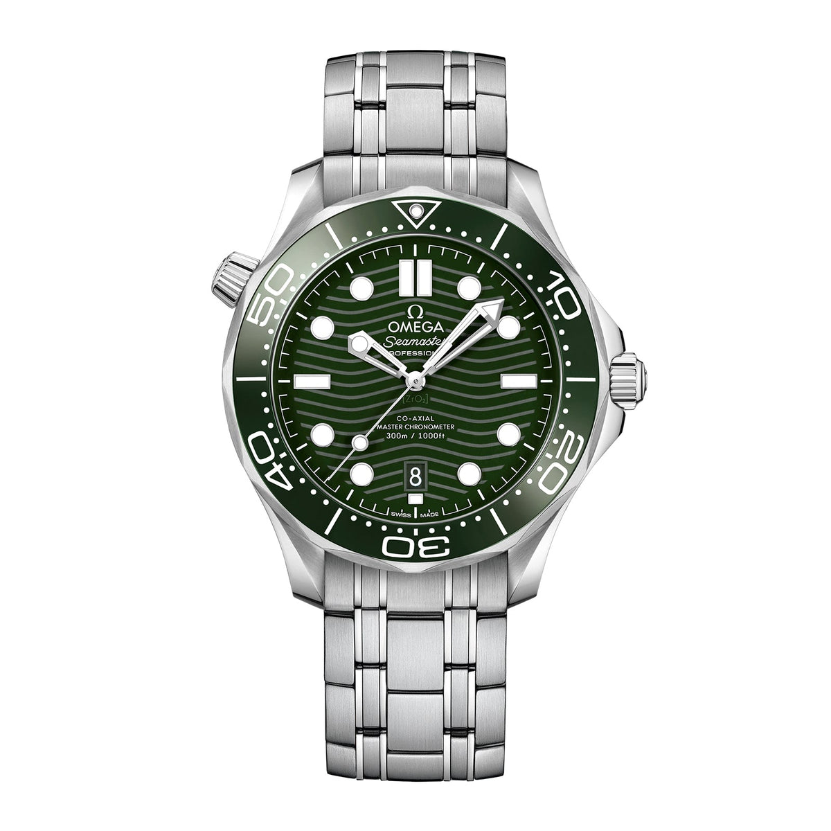 Omega Seamaster Diver 300m Co-axial Master Chronometer in a 42mm stainless steel case with green dial on stainless steel bracelet, featuring a date display and automatic movement.