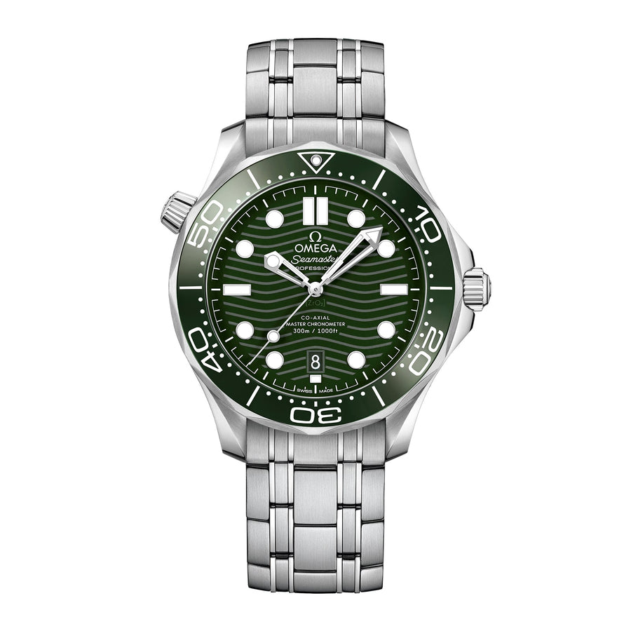 Omega Seamaster Diver 300m Co-axial Master Chronometer in a 42mm stainless steel case with green dial on stainless steel bracelet, featuring a date display and automatic movement.