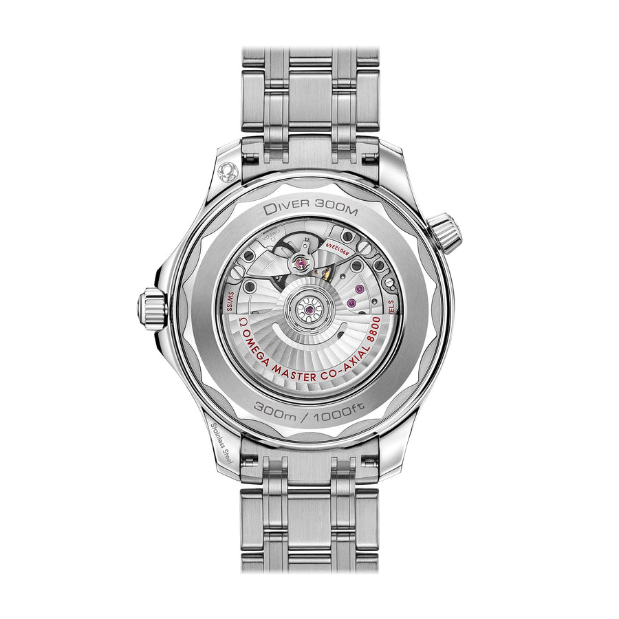 Omega Seamaster Diver 300m Co-axial Master Chronometer in a 42mm stainless steel case with green dial on stainless steel bracelet, featuring a date display and automatic movement.
