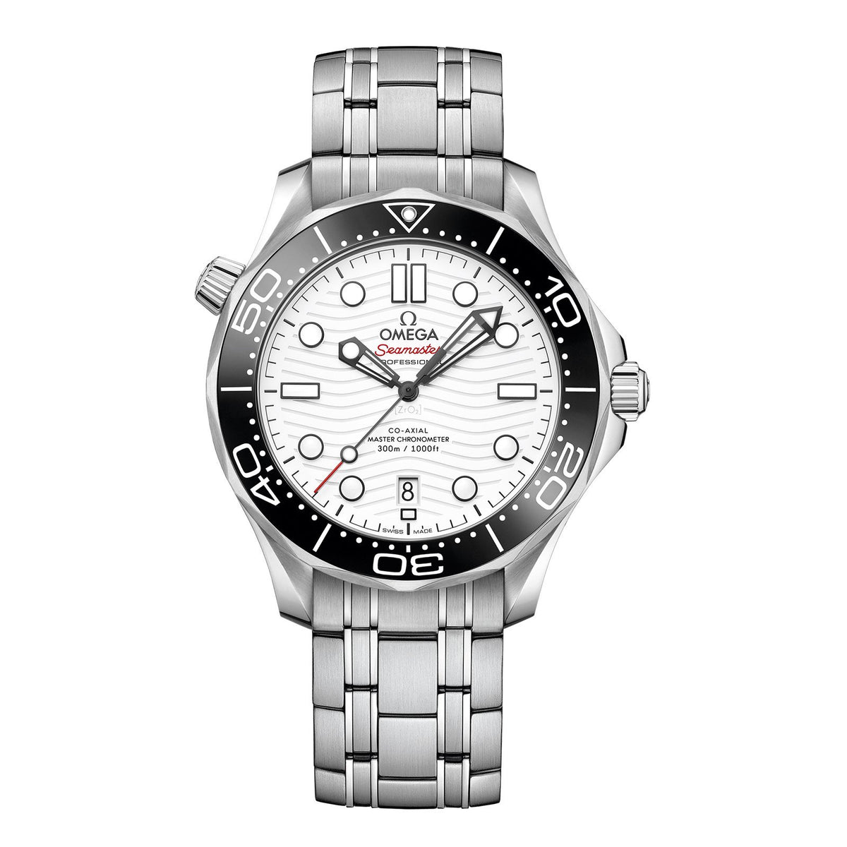 Omega Seamaster Diver 300M Omega Co-Axial Master Chronometer in a 42mm stainless steel case with white dial on stainless steel bracelet, featuring a date display and automatic movement.