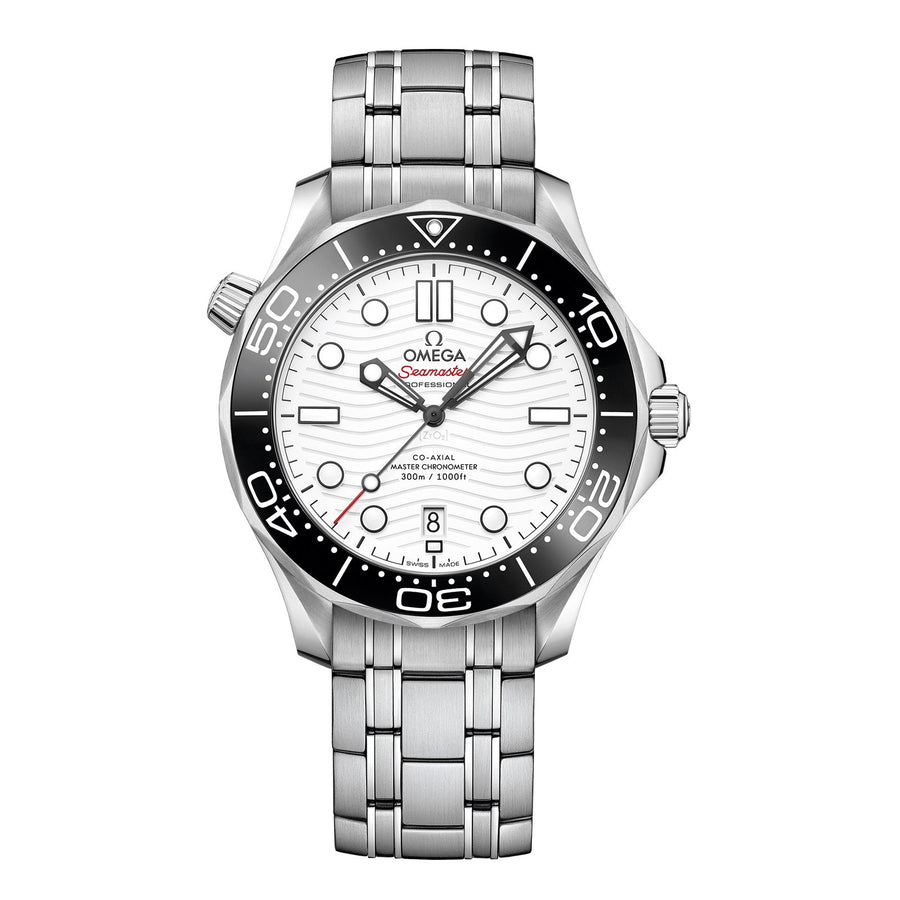Omega Seamaster Diver 300M Omega Co-Axial Master Chronometer in a 42mm stainless steel case with white dial on stainless steel bracelet, featuring a date display and automatic movement.