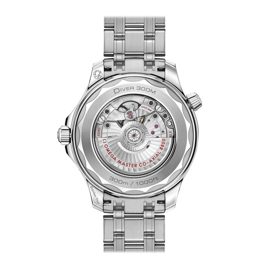 Omega Seamaster Diver 300M Omega Co-Axial Master Chronometer in a 42mm stainless steel case with white dial on stainless steel bracelet, featuring a date display and automatic movement.