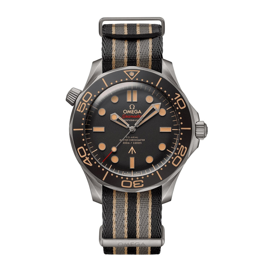 Omega Seamaster Diver 300m Omega Co‑Axial Master Chronometer 42mm 007 Edition in a 42mm titanium case with brown dial on nato strap, featuring an automatic movement.