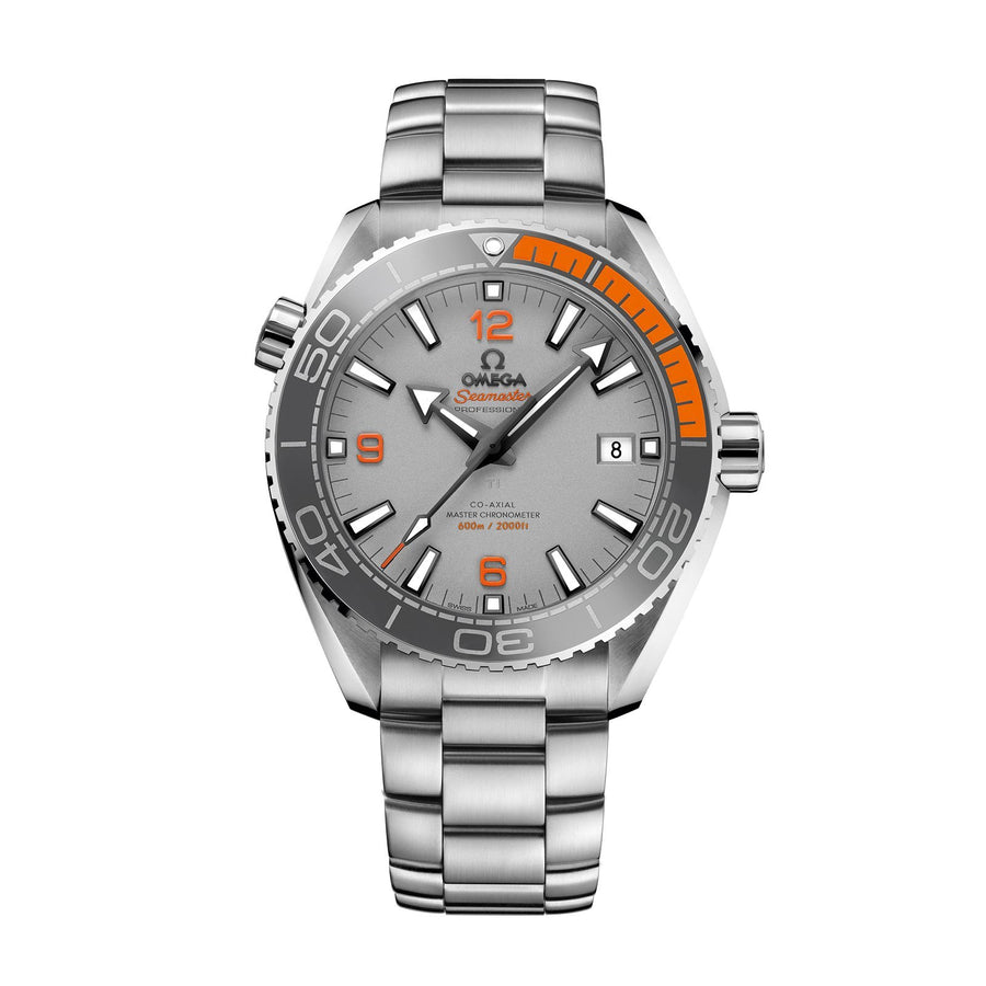 Omega Seamaster Planet Ocean 600M Omega Co-Axial Master Chronometer in a 43.5mm titanium case with grey dial on titanium bracelet, featuring a date display and automatic movement.