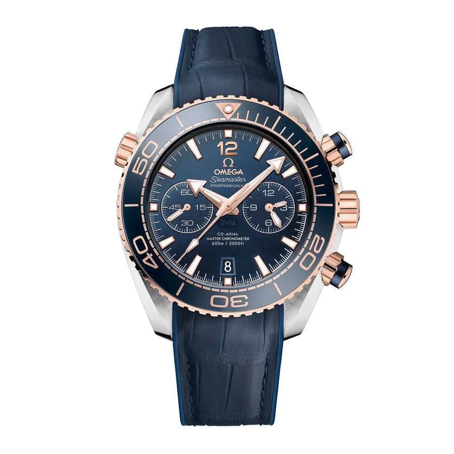 Omega Seamaster Planet Ocean 600M Omega Co-Axial Master Chronometer Chronograph in a 45.5mm stainless steel/Sedna gold case with blue dial on leather strap, featuring a chronograph function, date display and automatic movement.
