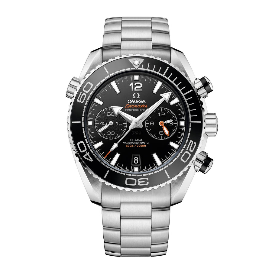 Omega Seamaster Planet Ocean 600M Omega Co-Axial Master Chronometer Chronograph in a 45.5mm stainless steel case with black dial on stainless steel bracelet, featuring a chronograph function, date display and automatic movement.