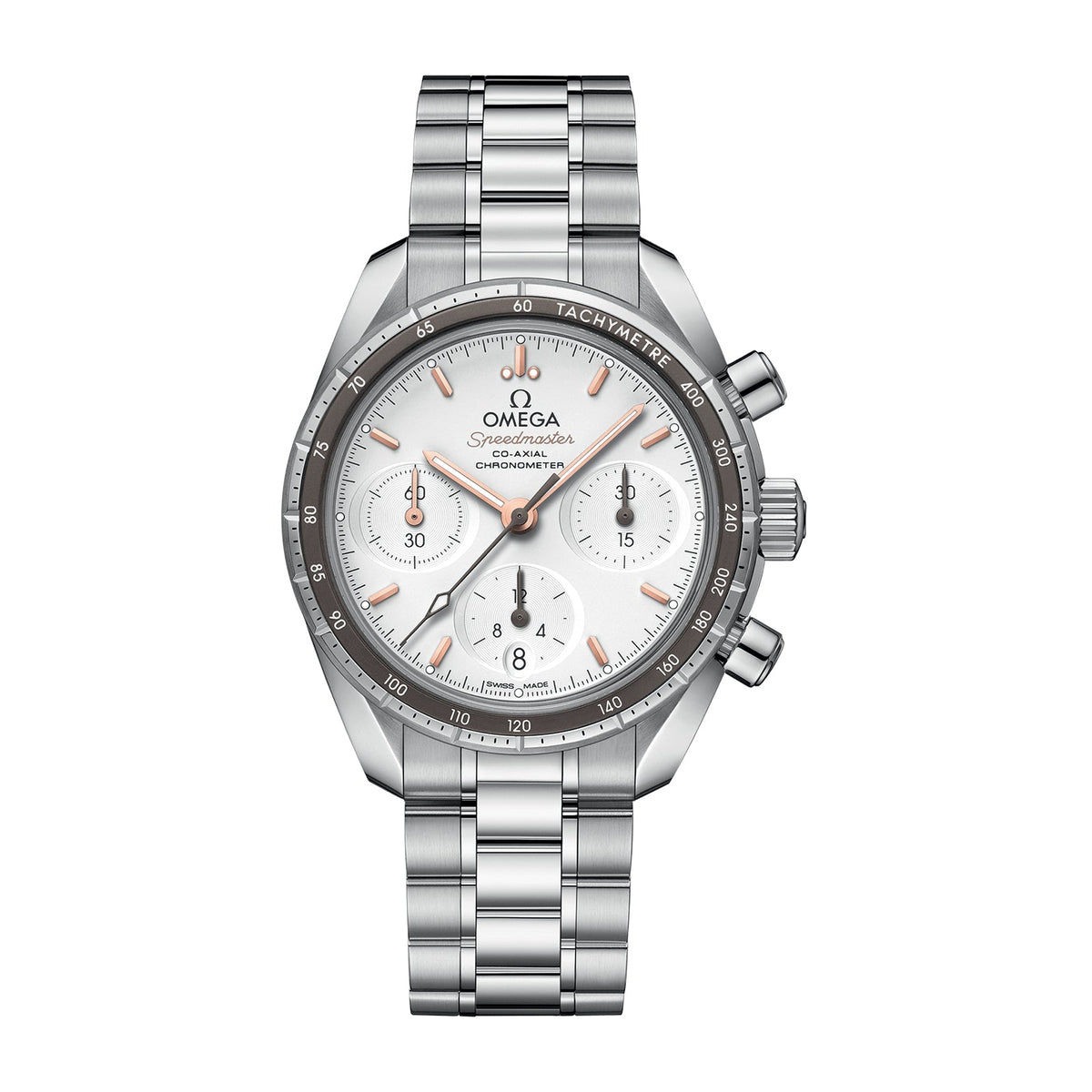 Omega Speedmaster 38 Co-Axial Chronograph 38mm - 324.30.38.50.02.001 - Omega Speedmaster 38 in a stainless steel case with silver dial on stainless steel bracelet, featuring a chronograph function, date display and automatic movement.