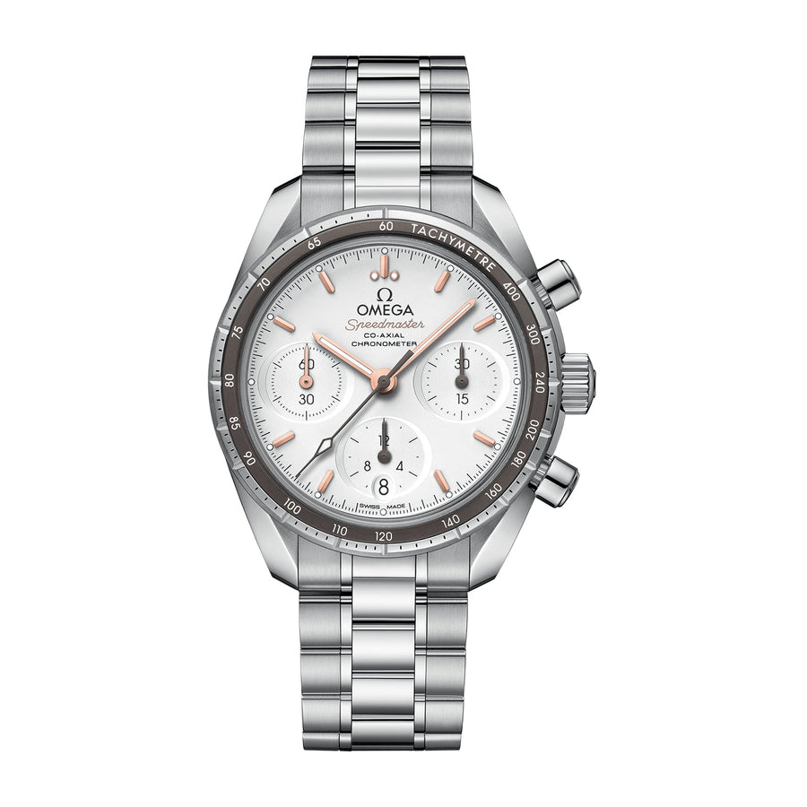 Omega Speedmaster 38 Co-Axial Chronograph 38mm - 324.30.38.50.02.001 - Omega Speedmaster 38 in a stainless steel case with silver dial on stainless steel bracelet, featuring a chronograph function, date display and automatic movement.