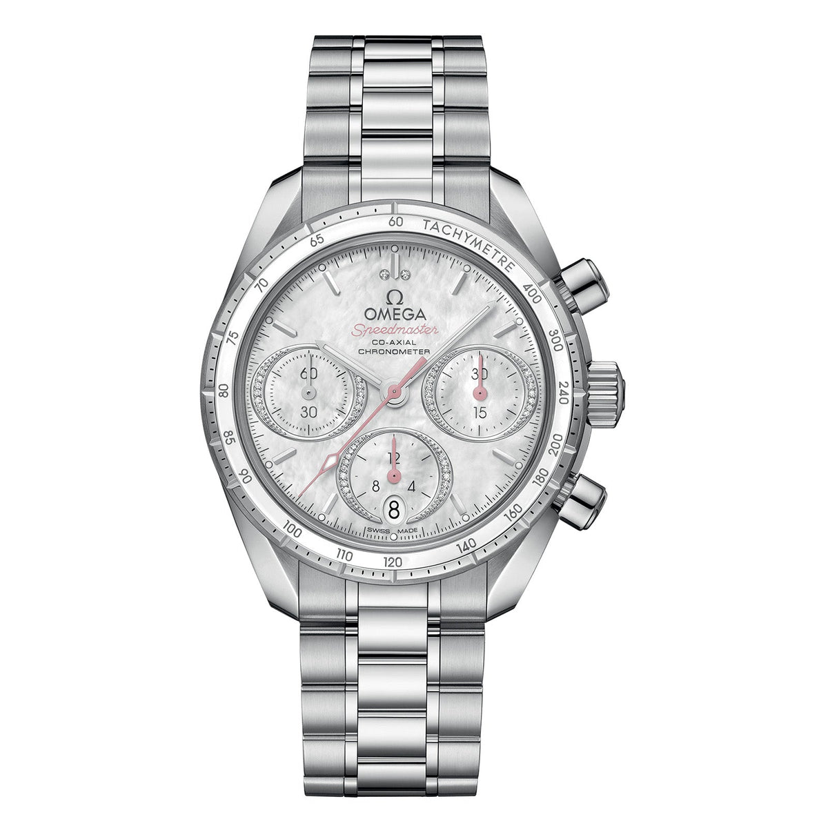 Omega Speedmaster 38 Co-Axial Chronograph in a 38mm stainless steel case with mother-of-pearl dial on stainless steel bracelet, featuring a chronograph function, date display, and automatic movement.