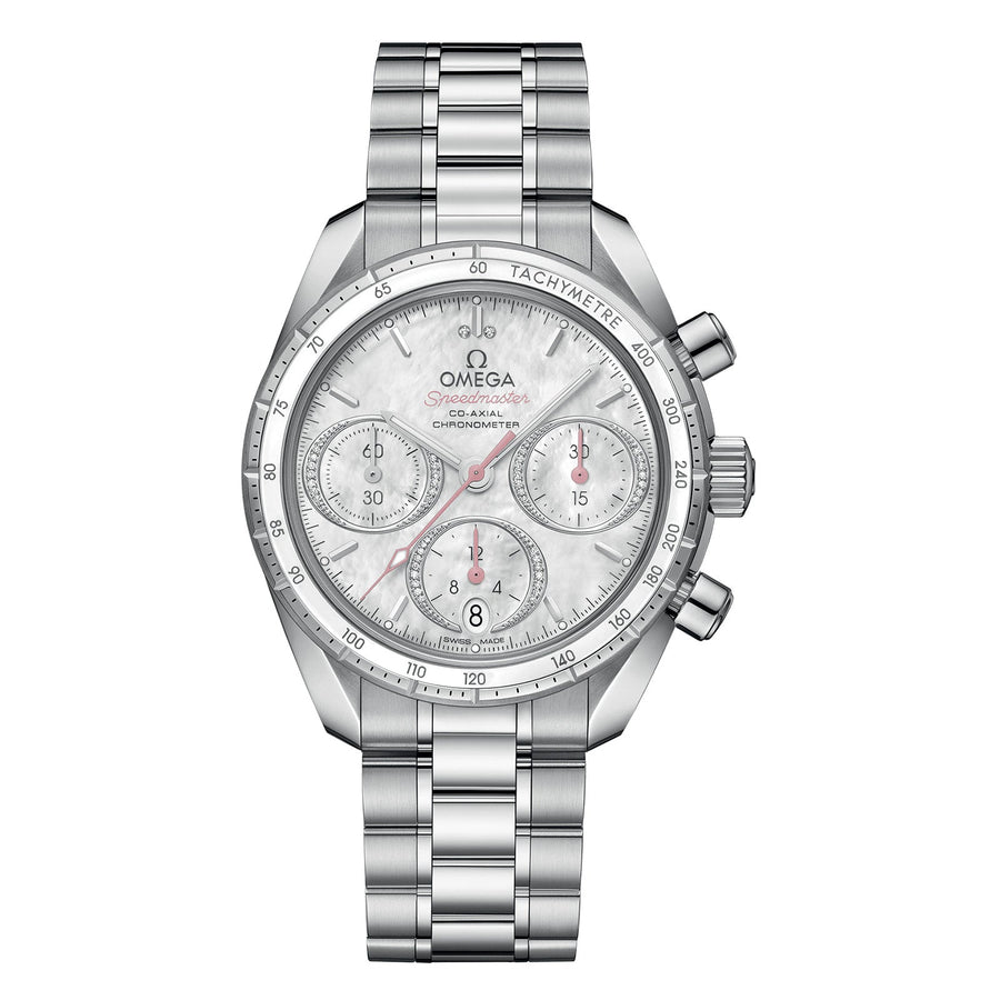 Omega Speedmaster 38 Co-Axial Chronograph in a 38mm stainless steel case with mother-of-pearl dial on stainless steel bracelet, featuring a chronograph function, date display, and automatic movement.