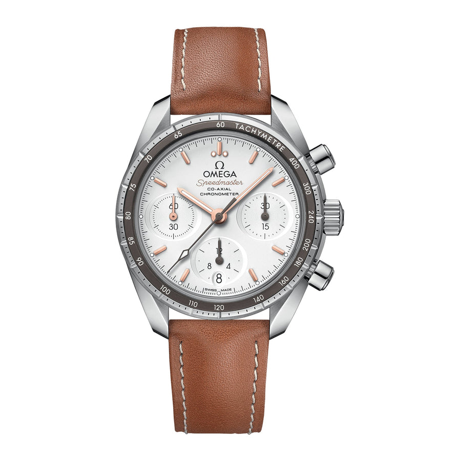Omega Speedmaster 38 Co-Axial Chronograph 38mm - 324.32.38.50.02.001 - Omega Speedmaster 38 in a stainless steel case with silver dial on Nova Nappa leather strap, featuring a chrongraph function, date display and automatic movement.