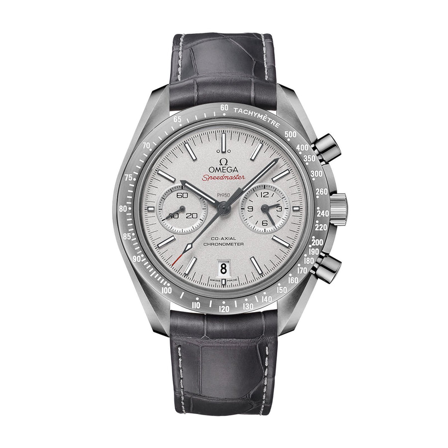 Omega Speedmaster Moonwatch Omega Co-Axial Chronograph in a 44.25mm grey ceramic case with grey dial on leather strap, featuring a chronograph function, date display and an automatic movement with up to 60 hours of power reserve.