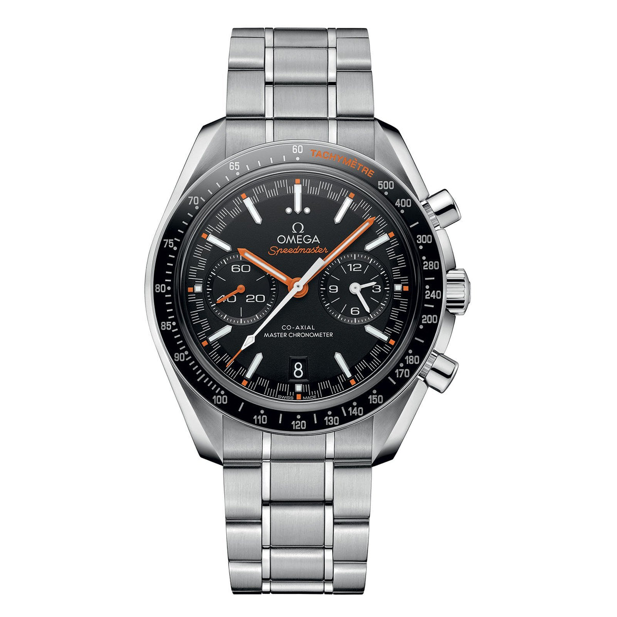 Omega Speedmaster Racing Omega Co-Axial Master Chronometer Chronograph in a 44.25mm stainless steel case with black dial on stainless steel bracelet, featuring a chronograph function, date display and automatic movement.