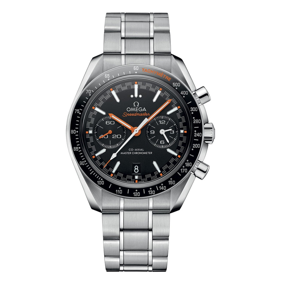 Omega Speedmaster Racing Omega Co-Axial Master Chronometer Chronograph in a 44.25mm stainless steel case with black dial on stainless steel bracelet, featuring a chronograph function, date display and automatic movement.