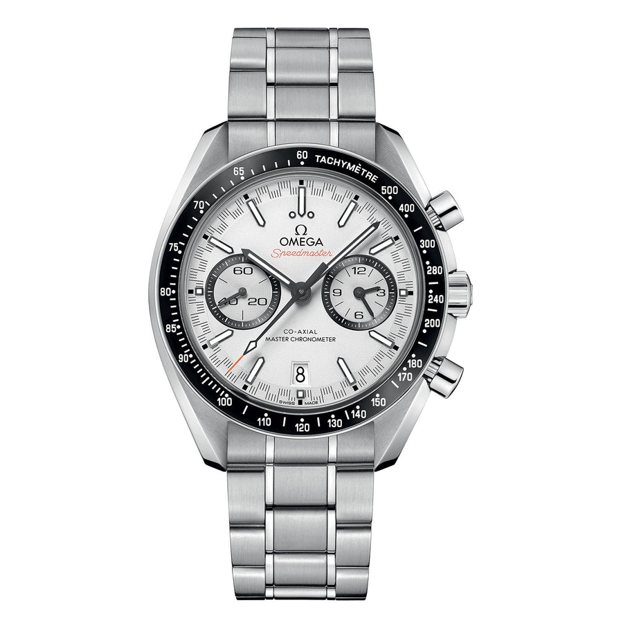 Omega Speedmaster Racing Omega Co-Axial Master Chronometer Chronograph in a 44.25mm stainless steel case with white dial on stainless steel bracelet, featuring a chronograph function, date display and automatic movement.