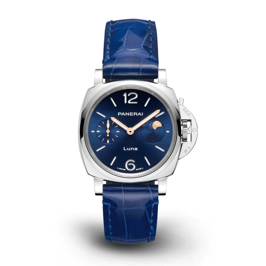 Panerai Luminor Due Luna in a 38mm stainless steel case with blue dial on quick release leather strap, featuring a moon phase, small seconds display and automatic movement with up to 3 days of power reserve.