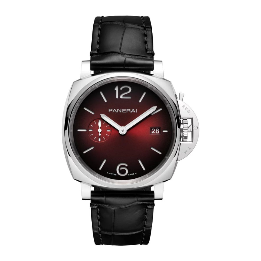 Panerai Luminor Due PAM01424 in a 42mm stainless steel case with burgundy red dial on black leather strap, featuring a small seconds display, date display and automatic movement with up to 3 days of power reserve.