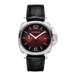 Panerai Luminor Due 42mm-Panerai Luminor Due PAM01424 in a 42mm stainless steel case with burgundy red dial on black leather strap, featuring a small seconds display, date display and automatic movement with up to 3 days of power reserve.