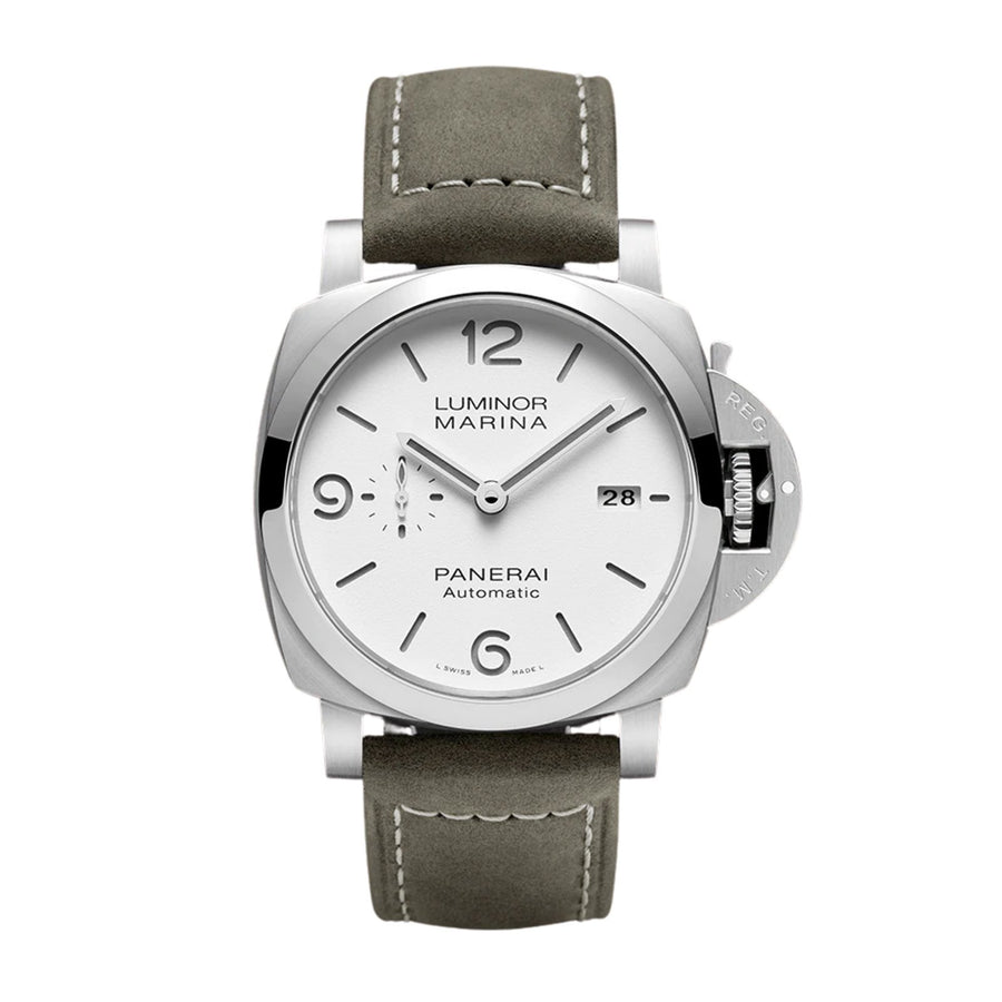 Panerai Luminor Marina in a 44mm stainless steel case with white dial on leather strap, featuring a small seconds display, date display and automatic movement with up to 3 days of power reserve.