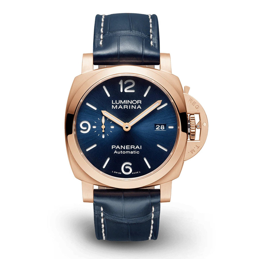 Panerai Luminor Marina Goldtech™ in a 44mm rose gold case with blue dial on leather strap, featuring a small seconds display, date display and automatic movement with up to 3 days of power reserve.