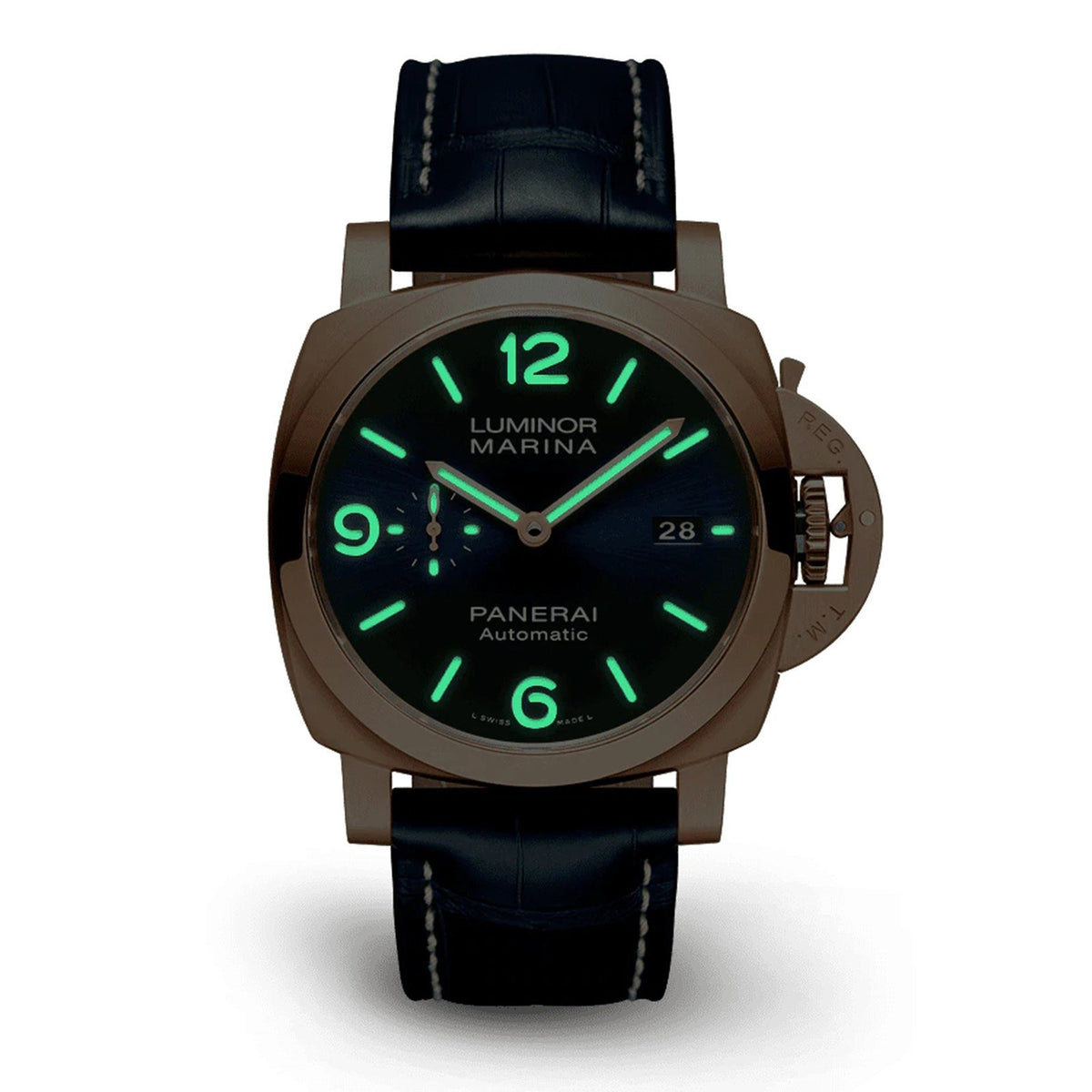 Panerai Luminor Marina Goldtech™ in a 44mm rose gold case with blue dial on leather strap, featuring a small seconds display, date display and automatic movement with up to 3 days of power reserve.