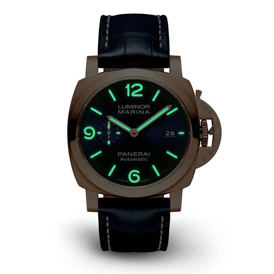 Panerai Luminor Marina Goldtech™ in a 44mm rose gold case with blue dial on leather strap, featuring a small seconds display, date display and automatic movement with up to 3 days of power reserve.