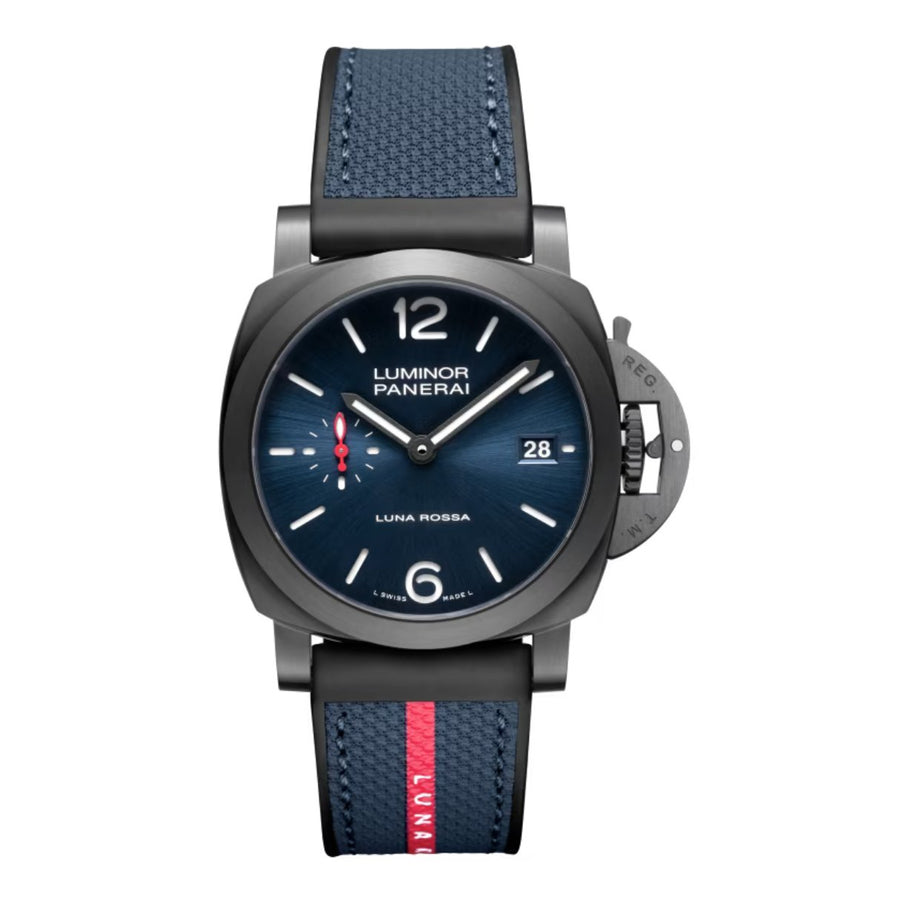 Panerai Luminor Quaranta Steel DLC Luna Rossa - PAM01408 - Panerai Luminor Quaranta Steel DLC Luna Rossa in a 40mm stainless steel DLC coating case with blue dial on rubber strap, featuring a small seconds display, date display, and automatic movement with up to 3 days of power reserve.