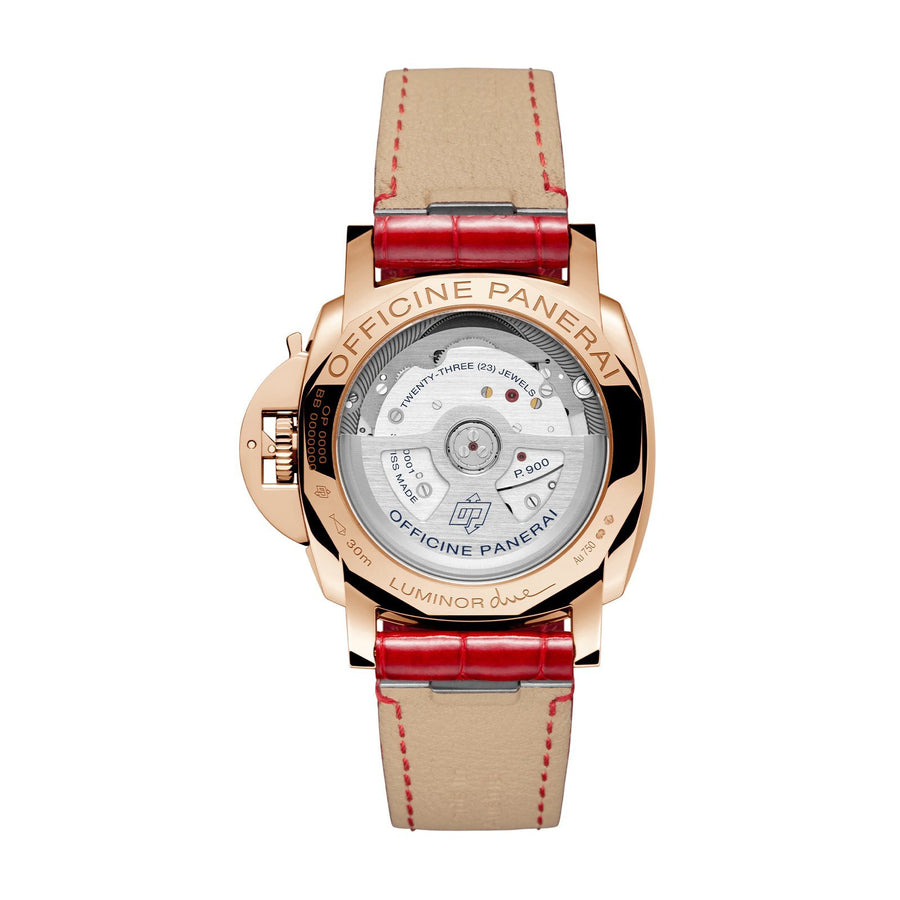 Panerai Luminor Due Piccolo MadrePerla in a 38mm rose gold case with mother-of-pearl dial on quick release leather strap, featuring small seconds, date display and automatic movement with up to 3 days of power reserve.