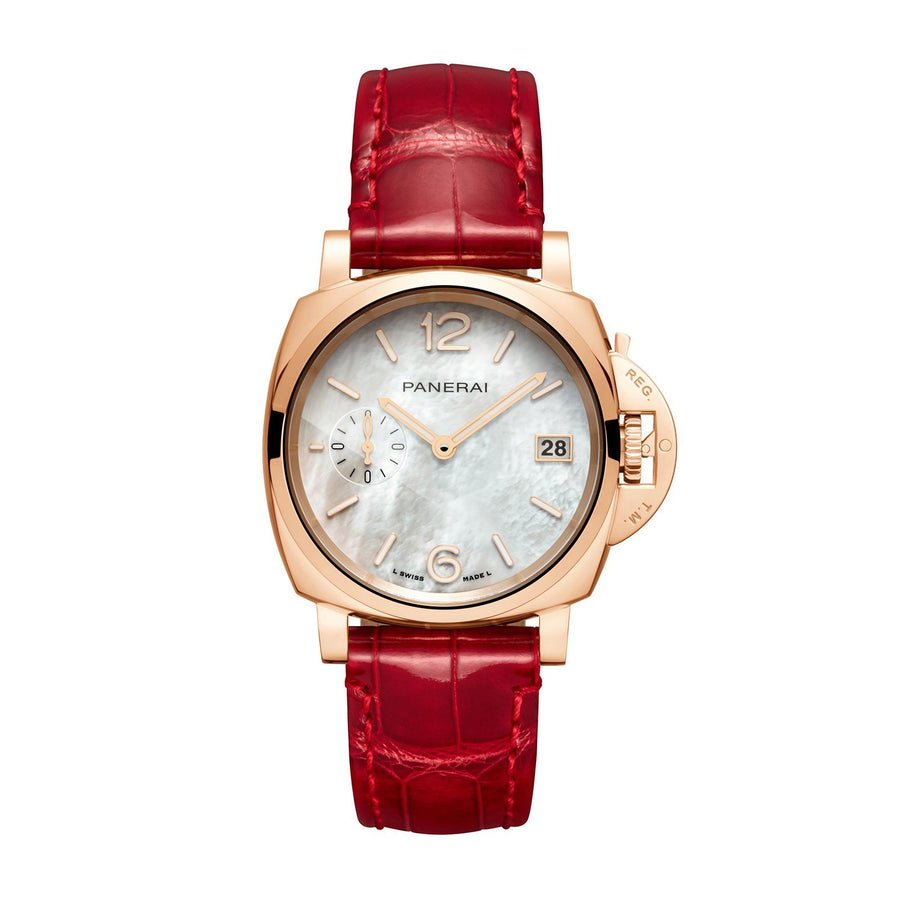 Panerai Luminor Due Piccolo MadrePerla in a 38mm rose gold case with mother-of-pearl dial on quick release leather strap, featuring small seconds, date display and automatic movement with up to 3 days of power reserve.