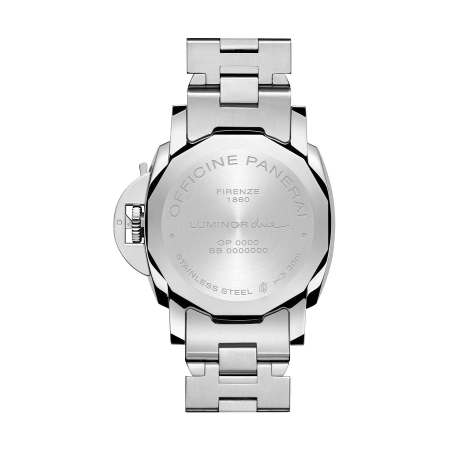 Panerai Piccolo Due - PAM01123 - Panerai Luminor Due in a 38mm stainless steel case with blue dial on stainless steel bracelet, featuring a small seconds, date display and automatic movement with up to 3 days of power reserve.